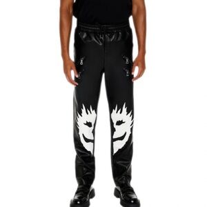 Forever Twenty One Mens Faux Leather Pants Split Face Black White Stylized Face